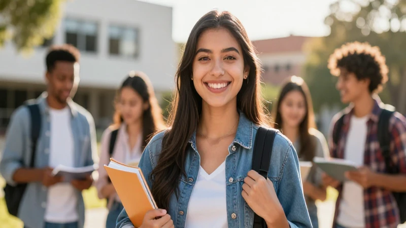 Estudiante mexicana sonriente en campus iluminado