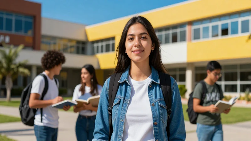 Estudiante mexicano en campus moderno y vibrante