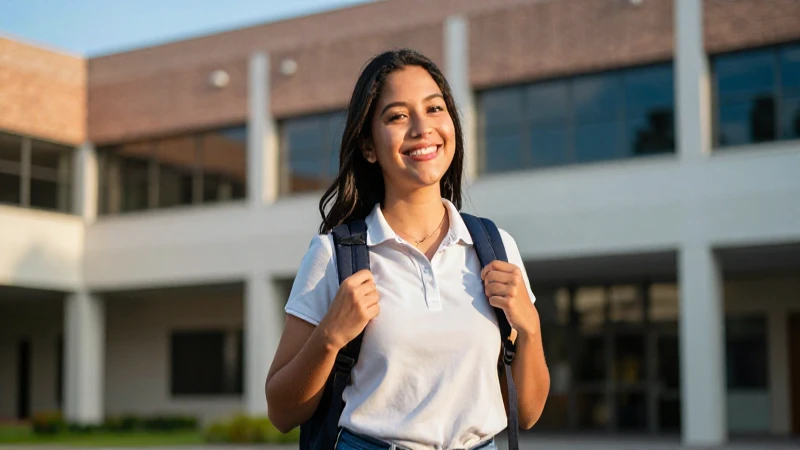 Estudiante mexicano sonriente en campus moderno