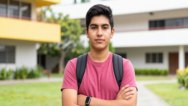 Joven estudiante mexicano confiado en un campus vibrante