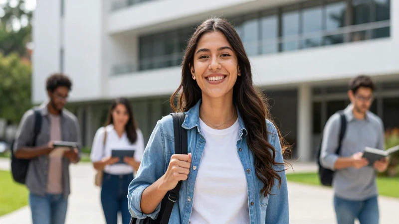 Joven mexicana sonríe en campus universitario moderno