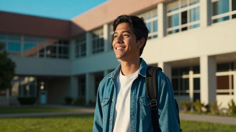 Estudiante mexicano en campus moderno y cinematográfico