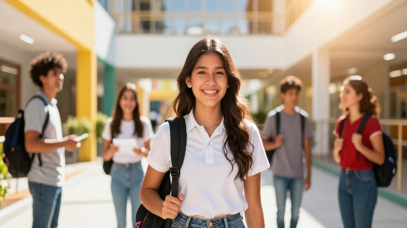 Estudiante mexicano vibrante en pasillo moderno
