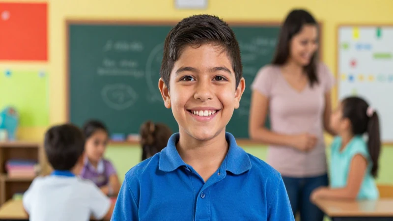 Niño mexicano feliz en aula moderna y vibrante