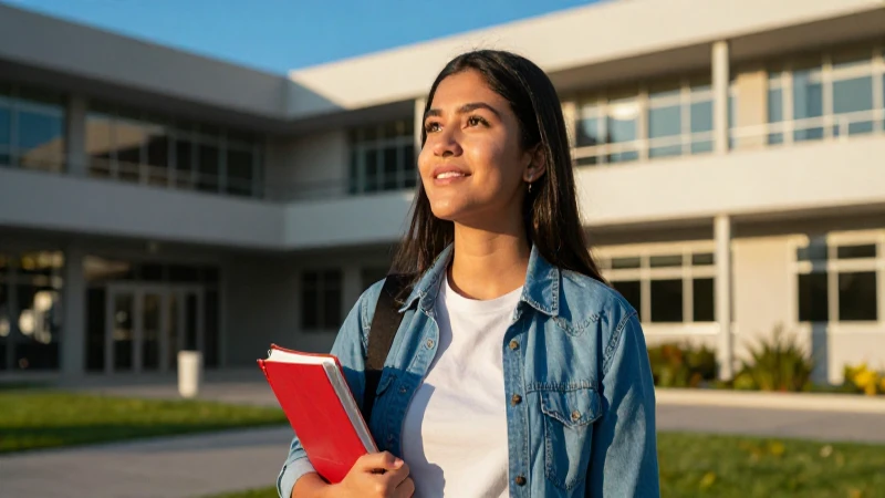 Joven mexicana esperanzada en el campus universitario