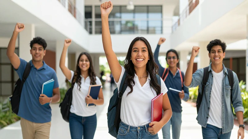 Éxito estudiantil en moderno campus universitario