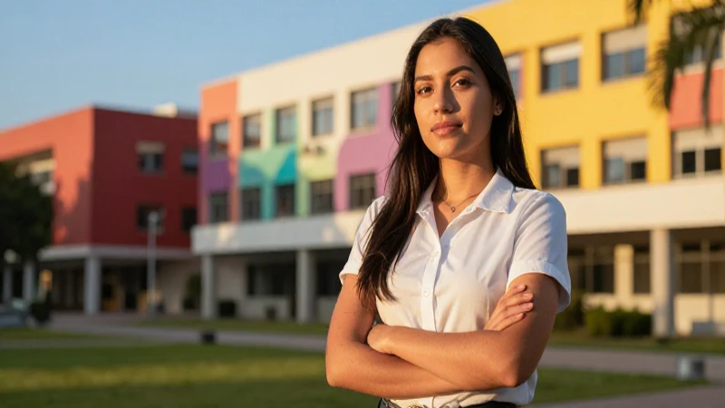 Estudiante mexicana vibrante en campus universitario profesional