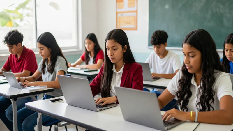 Estudiantes mexicanos aprendiendo con tecnología moderna