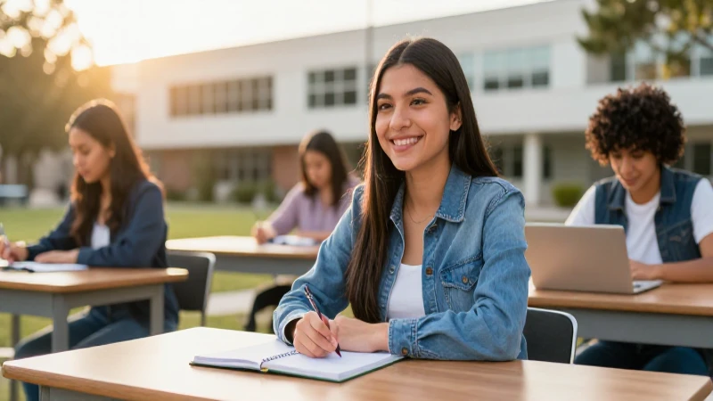 Estudiante mexicana sonriente en campus iluminado