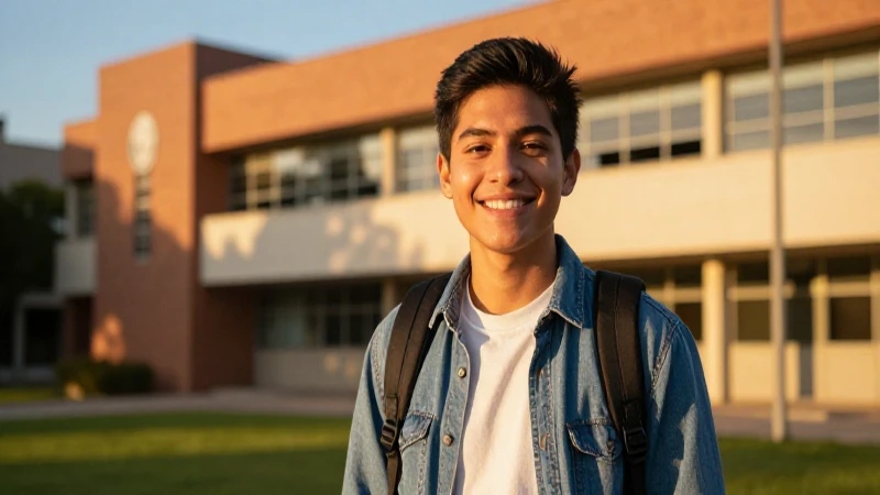 Estudiante sonriente en campus, luz dorada