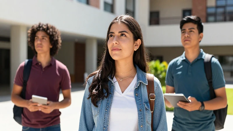 Estudiante mexicano esperanzado en campus moderno