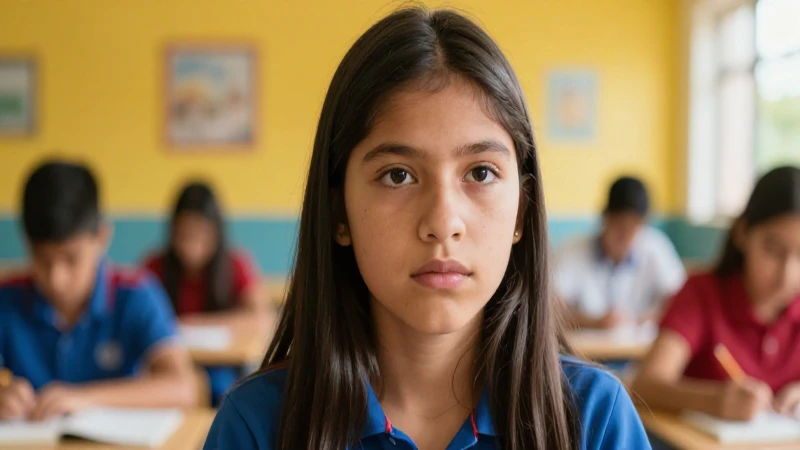 Retrato determinado de estudiante mexicano en escuela moderna
