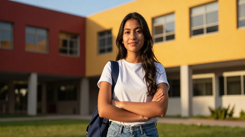 Joven mexicana sonriente en campus moderno y vibrante