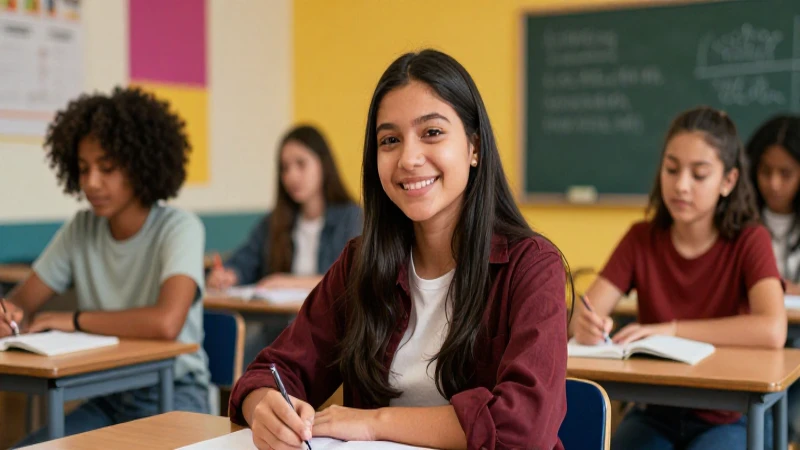 Joven mexicana sonriendo en aula moderna