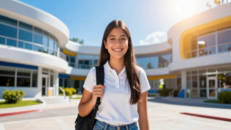 Estudiante mexicano sonriente en campus futurista