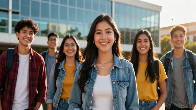 Estudiantes sonriendo en moderno campus universitario