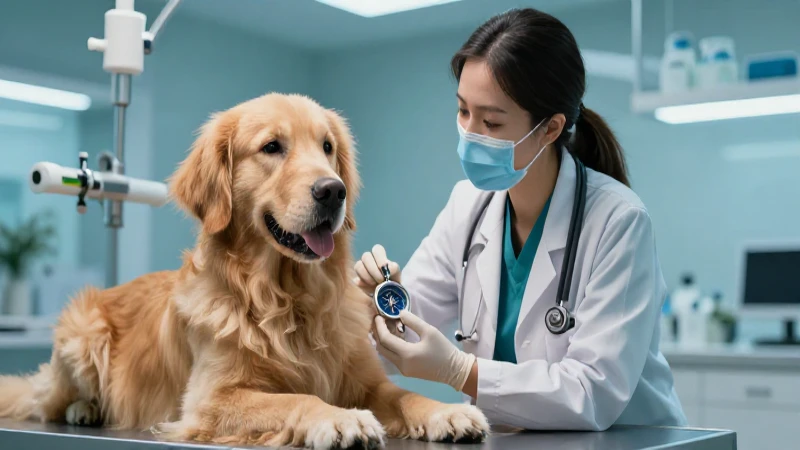 Veterinario compasivo con retriever en clínica moderna