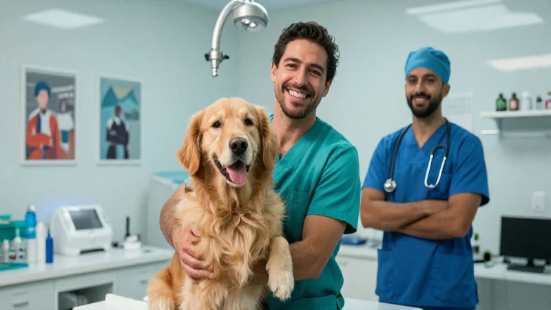 Dueño feliz con su perro en veterinaria moderna