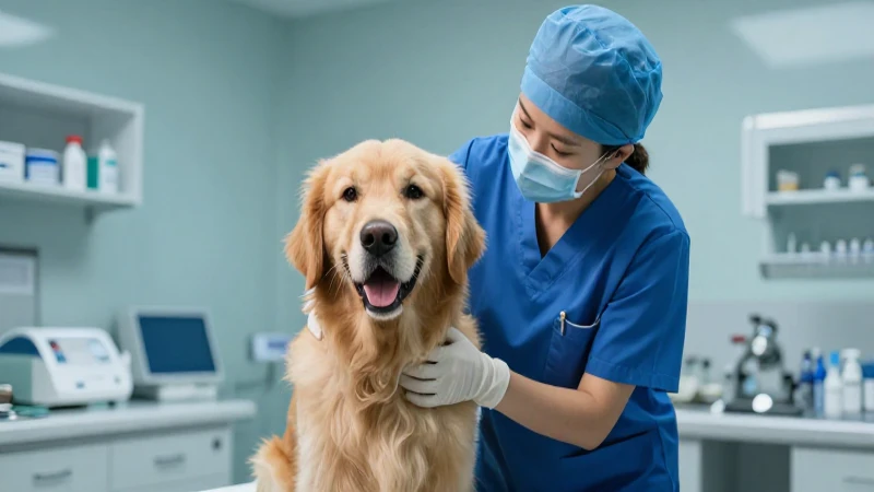 Veterinario examina feliz Golden Retriever con foco