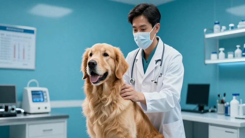 Veterinaria profesional examina a un golden retriever sano