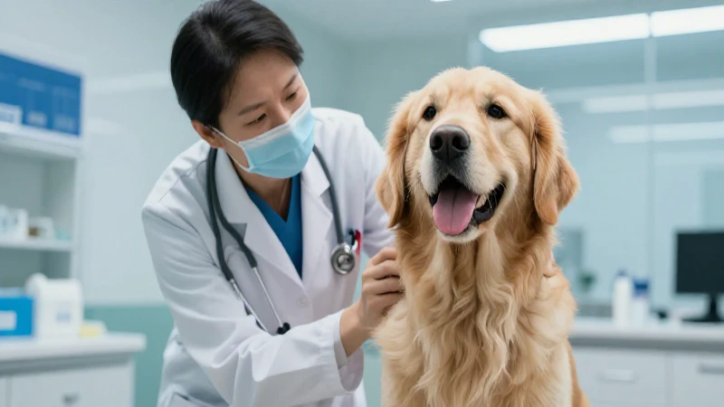 Veterinaria amable examina feliz golden retriever