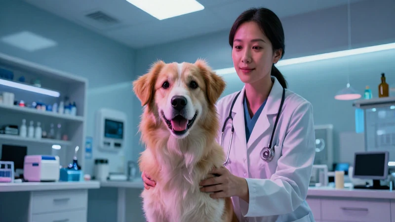 Veterinaria profesional atiende a perro feliz en clínica moderna