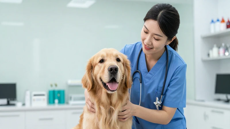 Veterinaria profesional examina feliz golden retriever