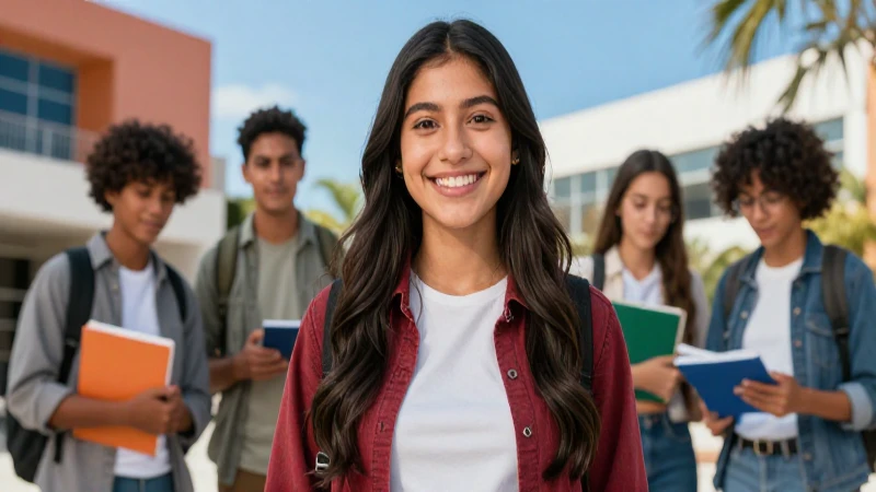 Estudiante mexicana confiante en campus moderno