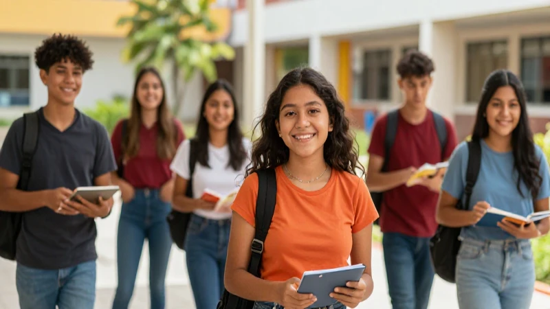 Estudiantes mexicanos sonriendo en campus moderno