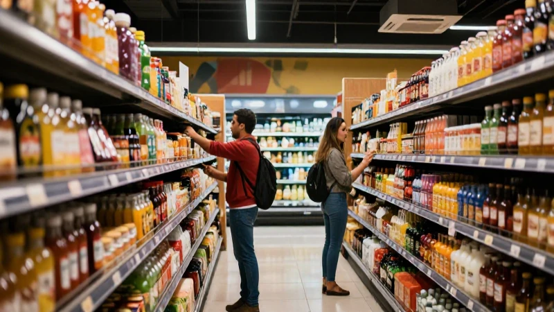 Comprador en pasillo vibrante y moderno