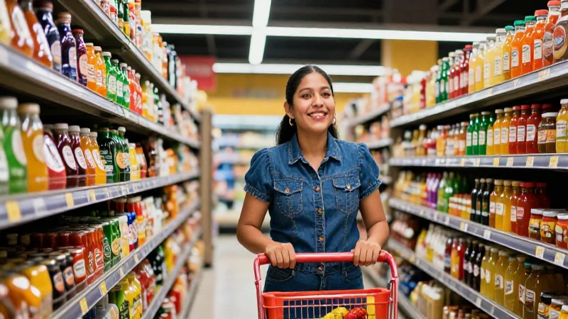 Compradora mexicana feliz en pasillo vibrante